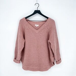 Lou & Grey Alpaca/Wool Blend Chunky Knit V-Neck Sweater in Rose Pink Small